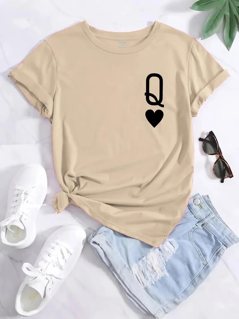 Q&Heart Printed Round Neck T-shirt for Spring/summer Short Sleeved Top and Women's Clothing