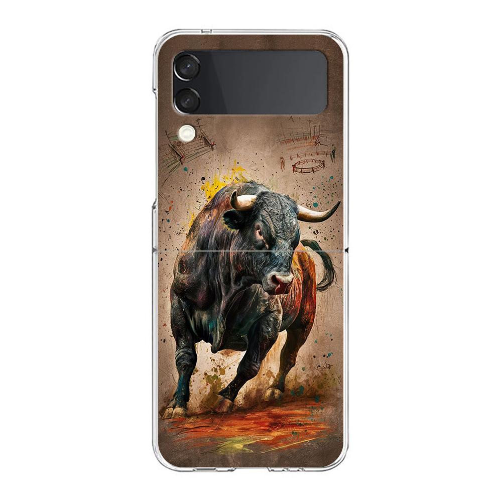 Phone Case For Samsung Galaxy Z Flip 3 4 5 Hard Folding Clear PC Bumper For Samsung Z Flip 6 Back Cover Bull Animal
