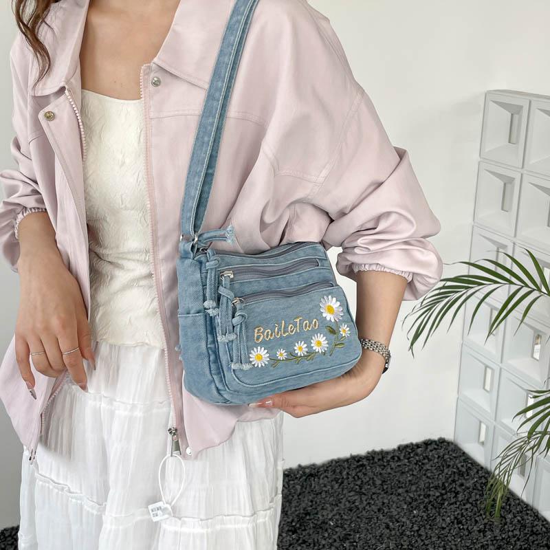 Lightweight Denim Zipper Crossbody Bag Stitching Line Embroidery Decoration Bag Hot Sale Casual Youth Women's Shoulder Bags