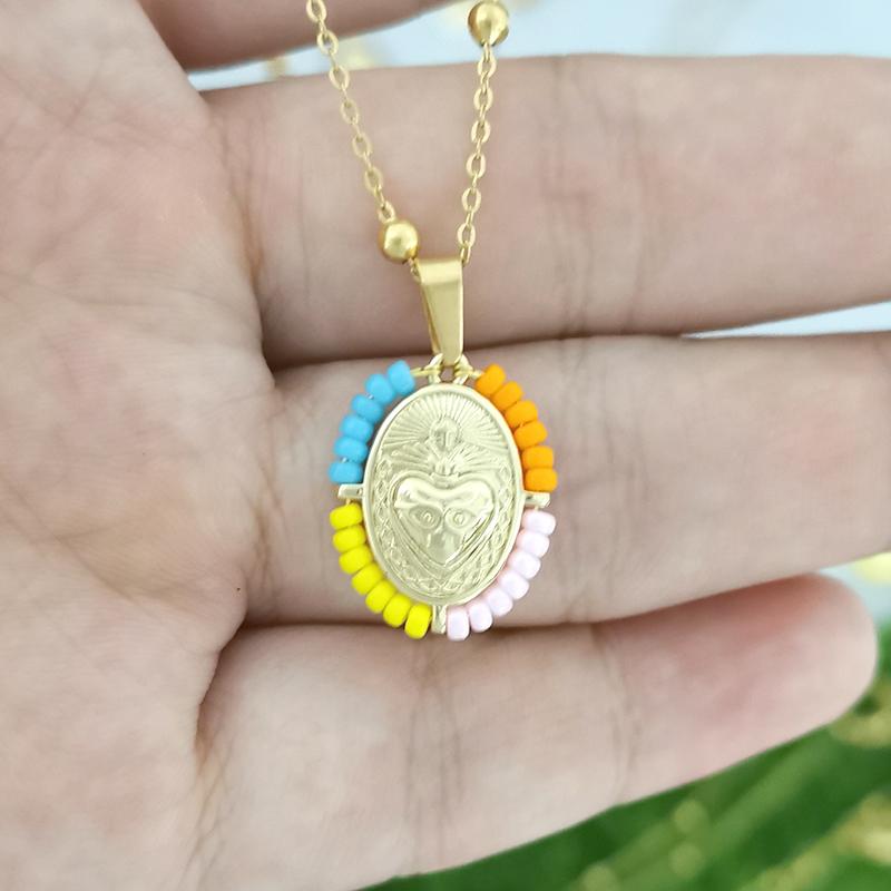 QMHJE Virgin Mary Pendant Charm Necklace Women Cross Scared Heart Jesus Choker Seed Beads Stainless Steel Chain Gold Color Mom