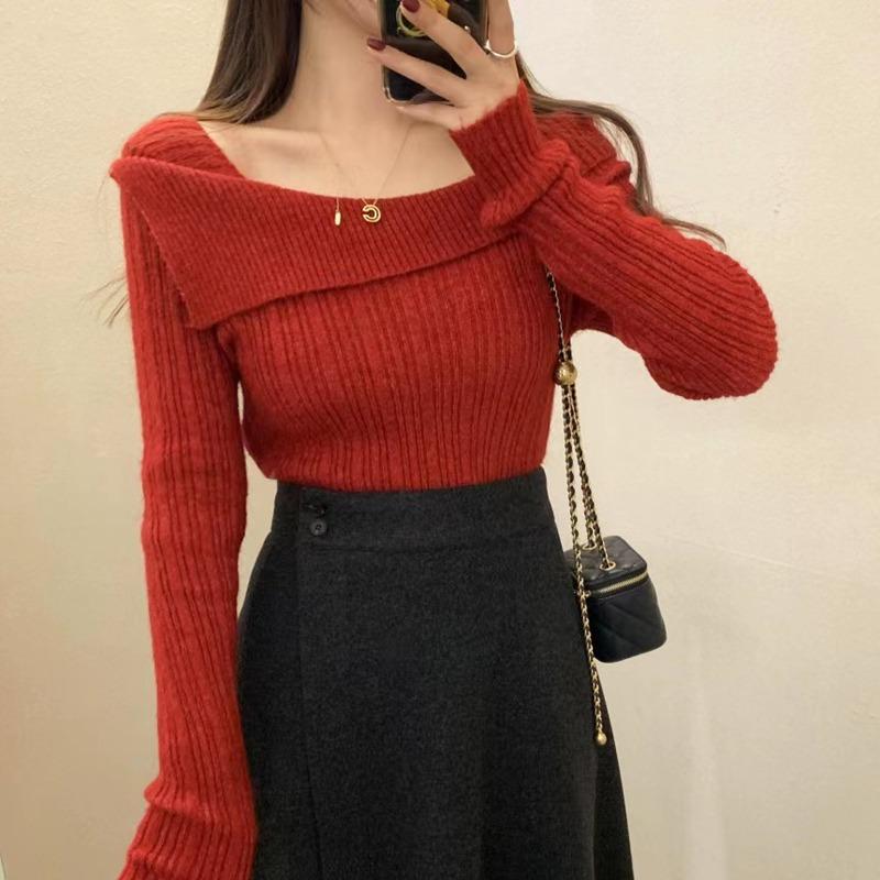 Mode Elegant Quadratischer Ausschnitt Gestrickter Pullover Damen Pullover Einwortschulter Herbst Winter Langarm Oberteile Einfarbig Lässiges Lockeres Hemd Kleidung
