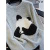 Women's Korean Style Panda Embroidery Cashmere Knitwear: Loose, Drop Shoulder, Round Neck Sweater for Autumn/Winter.