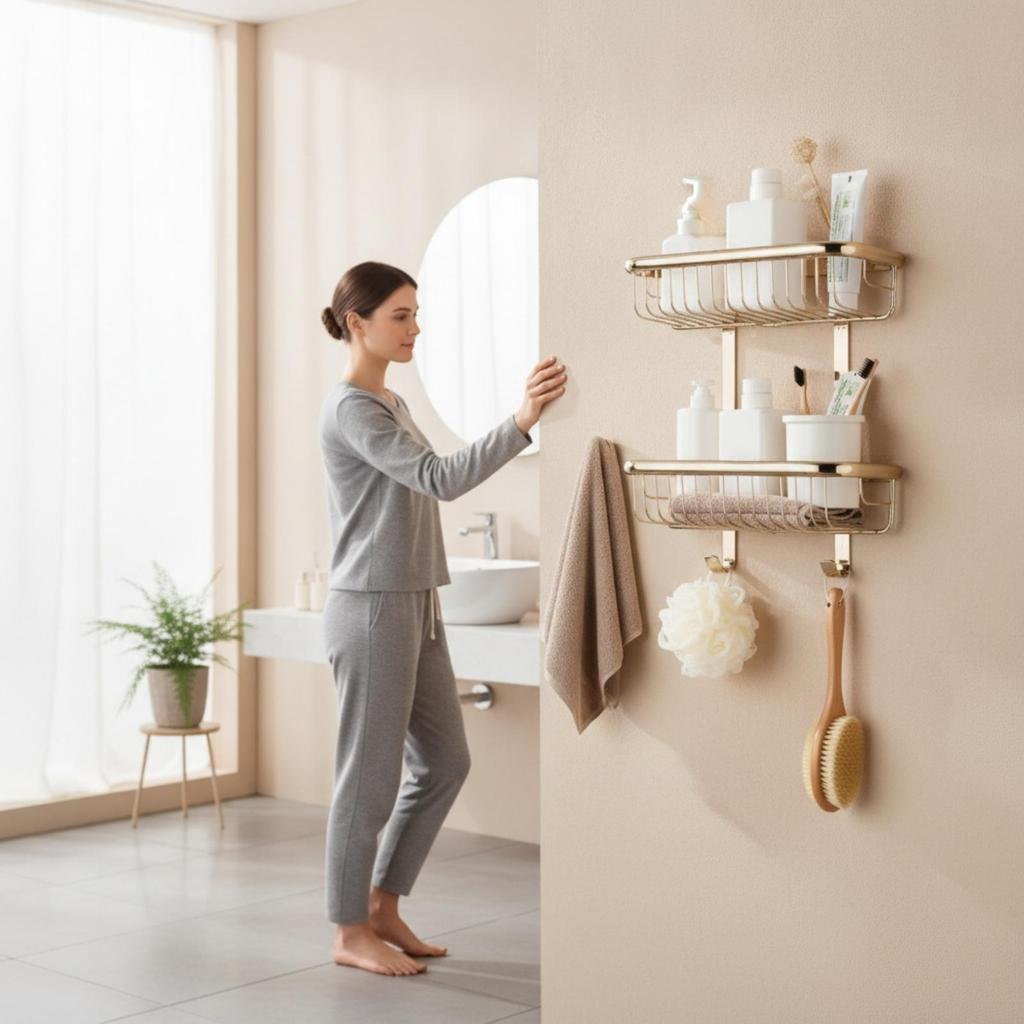 Lavatory Rack with Wire Baskets Brushed Wall Storage Basket SpaceSaving WallFixed Shower