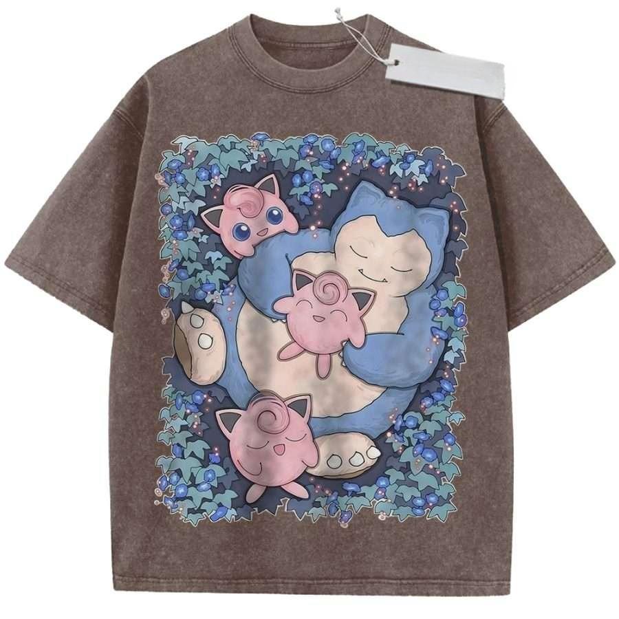 T Shirt Sports T Shirt Short Sleeve T Shirt Purple Unisex Pure Cotton Washed Vintage Pokemon Anime Jigglypuff Snorlax Print