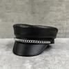 Trendy Hat Silver Chain Beret Women'S Black Pu Leather Flat Top Hat British Retro Duck Tongue Newsboy Hat