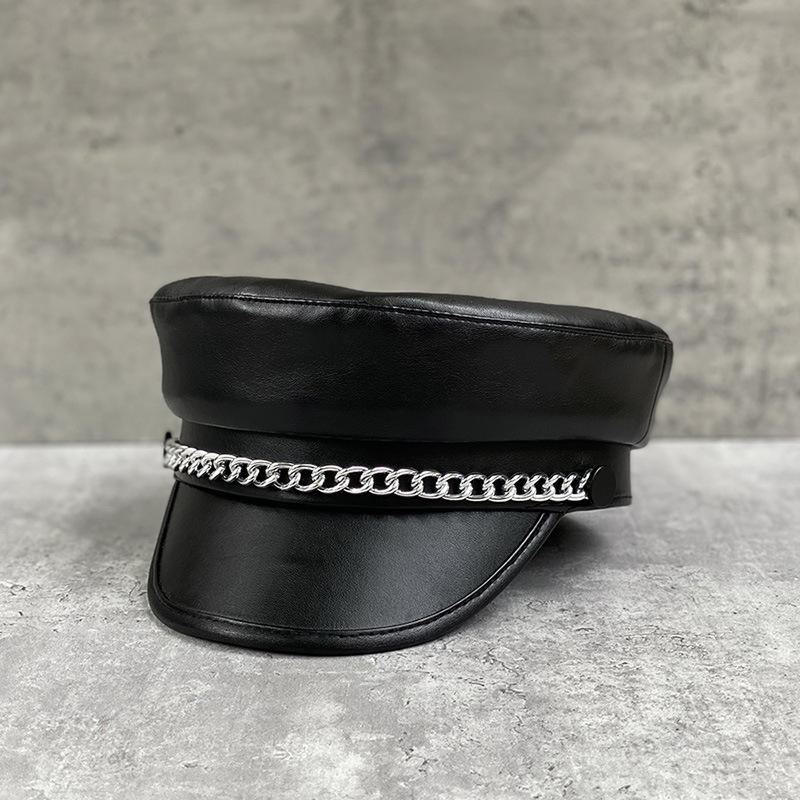 Trendy Hat Silver Chain Beret Women'S Black Pu Leather Flat Top Hat British Retro Duck Tongue Newsboy Hat