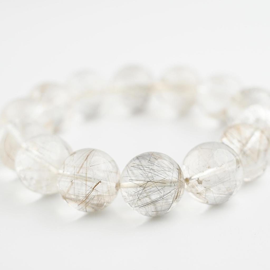 Eigado Silver Rutilated Quartz 17mm 19cm Wrist Limited Natural Power Prayer Good Luck Feng Shui Bracelet, Stone, Circumference, One-of-a-Kind,