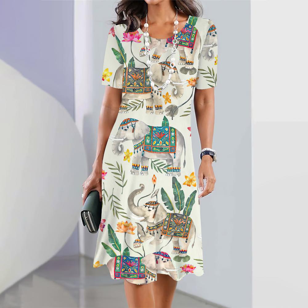 Neue Kleider mit Elefanten-Print für Damen, elegante Midi-Kleider, Sommerkleid mit kurzen Ärmeln, modische Übergröße