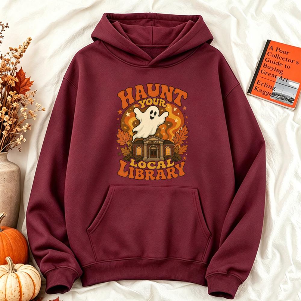 Retro Funny Halloween Ghost Hoodie Libarary Graphic Sweatshirt Bookish Gothic Unisex Streetwear Pullover Jumper for Her Hoodie