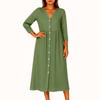 Women's Fashionable Solid Color Round Neck Seven Quarter Sleeve Button Loose Shirt Dress