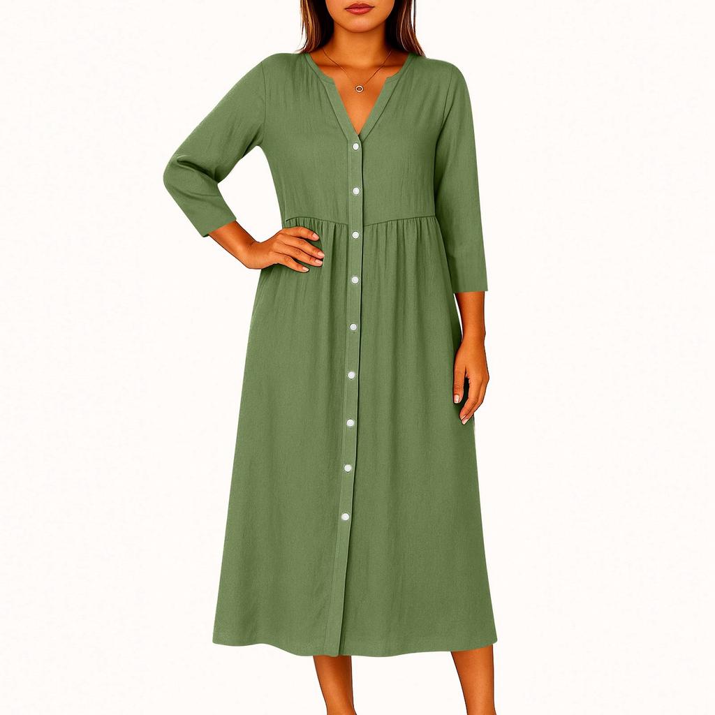 Women's Fashionable Solid Color Round Neck Seven Quarter Sleeve Button Loose Shirt Dress