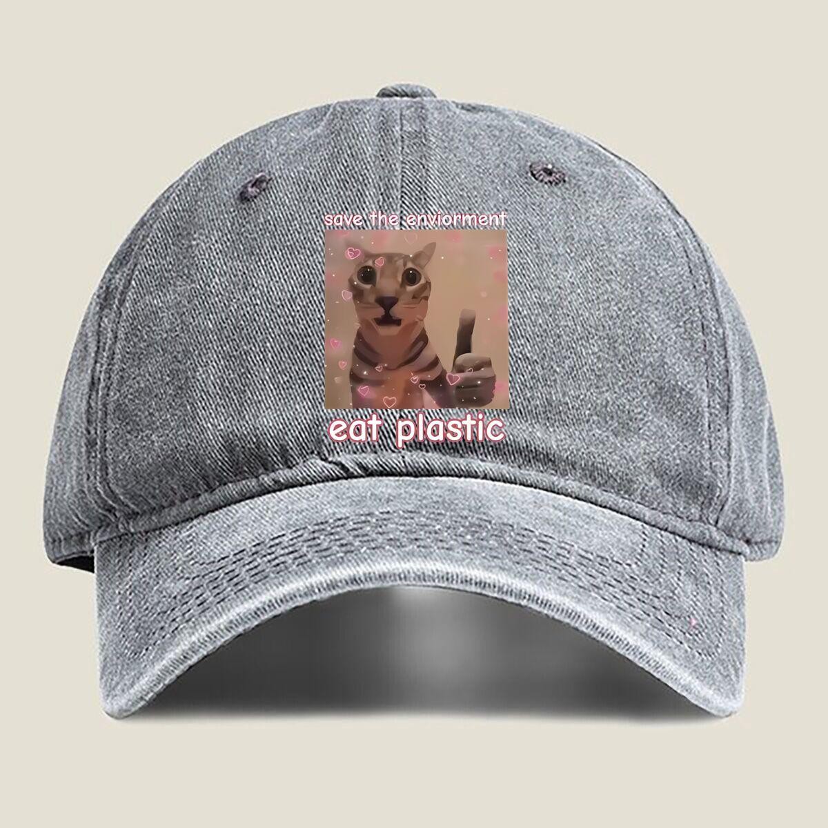 

“Eat Plastic” Cat Art Fashion Washed Baseball Cap Outdoor For Womens Unisex Female Beach Dad Hat Hip Hop One Size серый