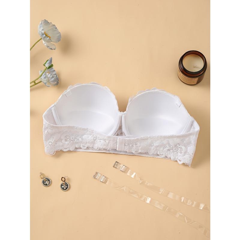 Women's White Lace Strapless Bra with Women's White Lace Strapless Bra with Transparent Straps Push Up Convertible SexyPush Up Convertible Bralette