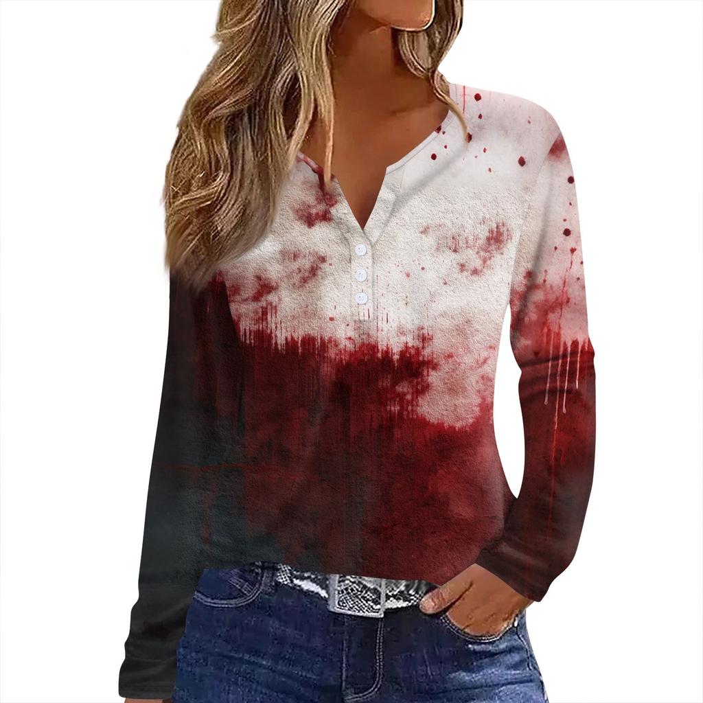 Women's T Shirt Tee HAlloween Print Button Long Sleeve Daily Weekend Fashion Basic V- Neck Regular Top