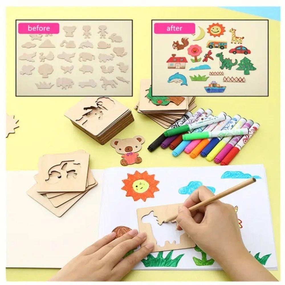 Hands-on Creativity Wooden Painting Stencils Painting Template for 60Pcs/set Children's Gifts