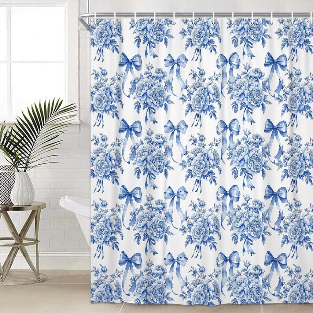 Floral Shower Curtain, Vintage Blue Bow Floral Aesthetic Bathroom Decor Curta, Modern Chinoiserie Vintage Peony Shower Curtain Set with Hooks,