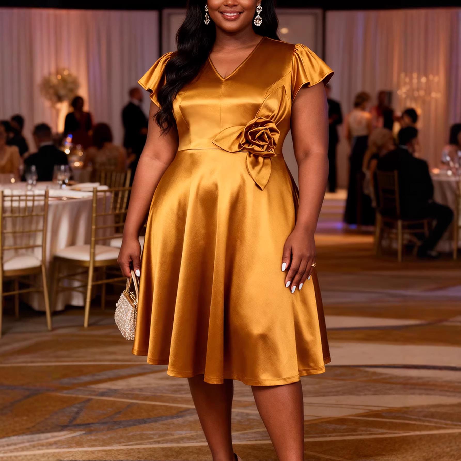 

Gold 3D Floral V-Neck Plus Size Dress with Ruffle Sleeves and Slimming Waist for Banquet Party 1XL