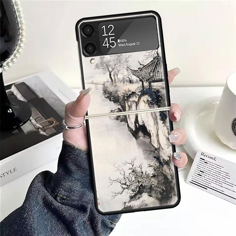 Chinese Style ink Painting Art Cases For Samsung Galaxy Z Flip 4 5 6 7 3 Z Flip7 Flip6 Flip4 Flip5 Flip3 5G Hard Shockproof Fund