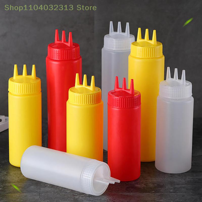 3 Holes Sauce Dispenser Squeeze Bottles with Lids Kitchen Oil Seasoning Mustard Salad Storage Jar Condiment Tool