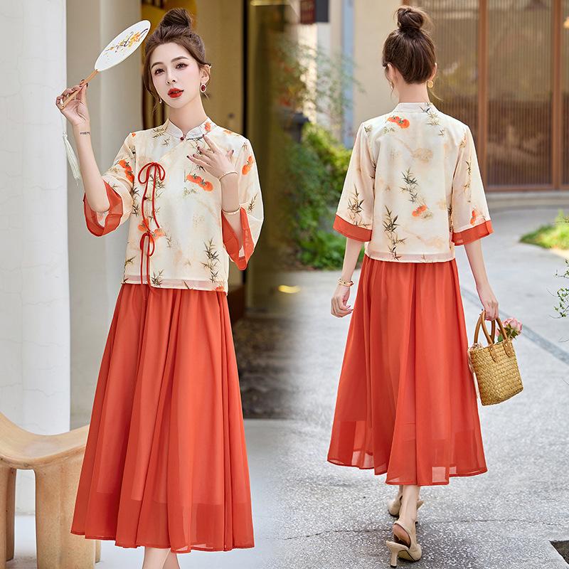 2025 Summer New Chinese Style Stand Collar Top & Skirt Hanfu Set LX292
