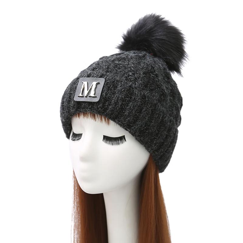 ZHENYUEQI Women s Knitted Beanie with Fur Pom and M-Letter