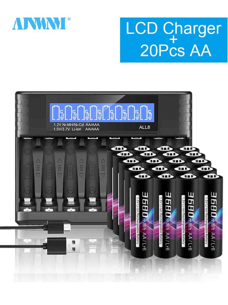 AJNWNM 1.5V AA Rechargeable Battery 3680mWh HR6 Lithium Battery With 1.5V AA AAA Lithium Battery Cahrger