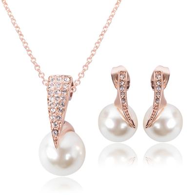 Women Luxury Shiny Rhinestone Faux Pearl Pendant Necklace Stud Earrings Jewelry Set