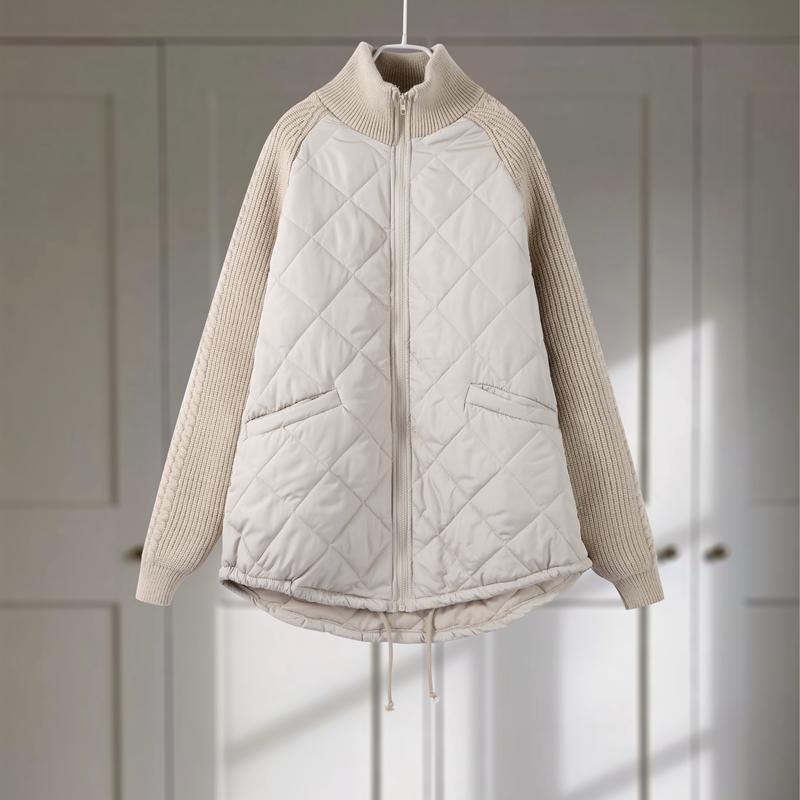 Women's OverSize Loose Cotton Parka Quilting Design Spliced Knitted Long Sleeve Zipper Stand Up Collar Thin Coat Drawstring Hem Overwear Autumn Winter