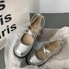 Temperament Pearl Silver Mary Jane Shoes Women's Spring and Autumn French Retro High Heels Cross Buckle Strap Thick Heel Jk Single Shoes