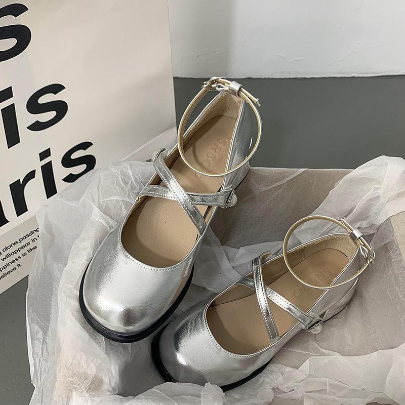 Temperament Pearl Silver Mary Jane Shoes Women's Spring and Autumn French Retro High Heels Cross Buckle Strap Thick Heel Jk Single Shoes