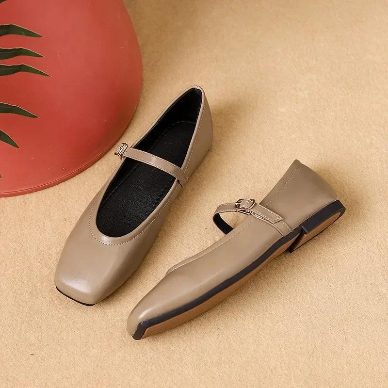 Módní boty Mary Jane Dámské Vysoce kvalitní kožené S přezkou Baleríny pro ženy Čtvercová špička Plochá Hovězí kůže Dámské Jednoduché boty 2025