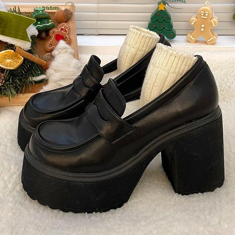 Fashion Pu Leather Women's Platform Loafers 2024 Gothic Black Chunky High Heels Pumps Woman Preppy Style Jk Uniform Shoes Mujer