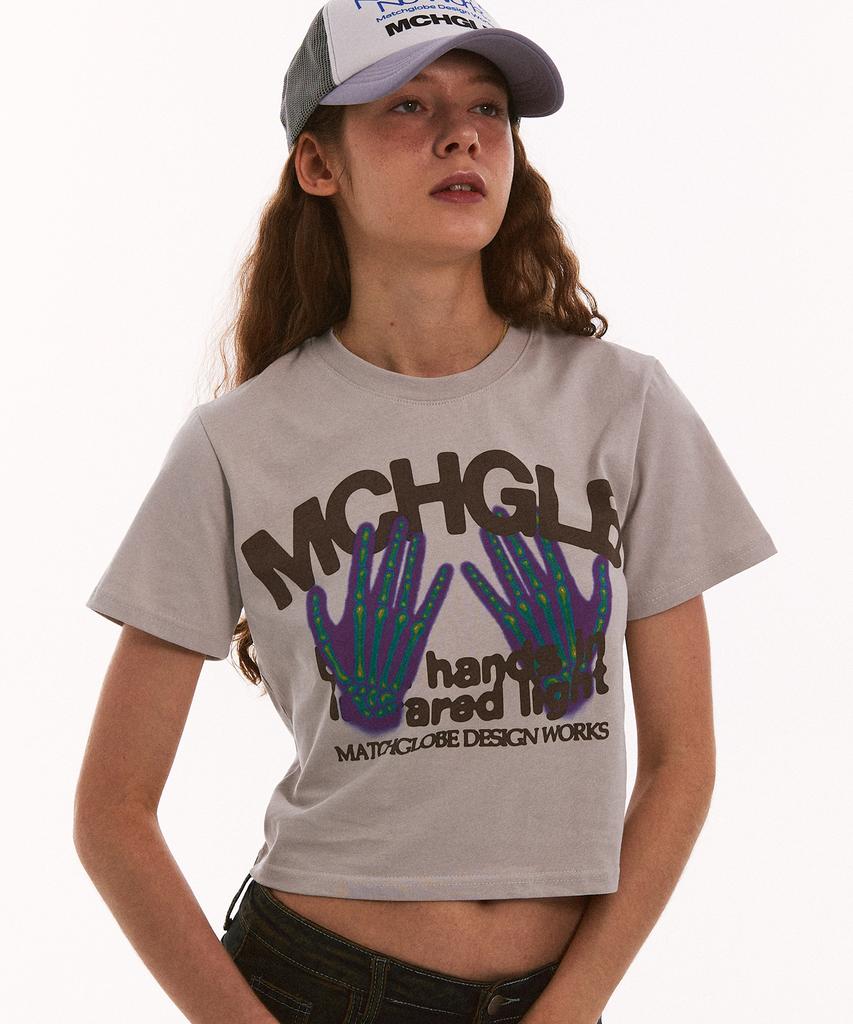 MATCHGLOBE Hands Flared Light Crop Top (Beige)