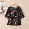 ZANZEA Bluză casual de damă cu gât rotund, mânecă scurtă, largă, cu imprimeu