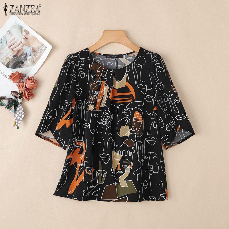 ZANZEA Bluză casual de damă cu gât rotund, mânecă scurtă, largă, cu imprimeu