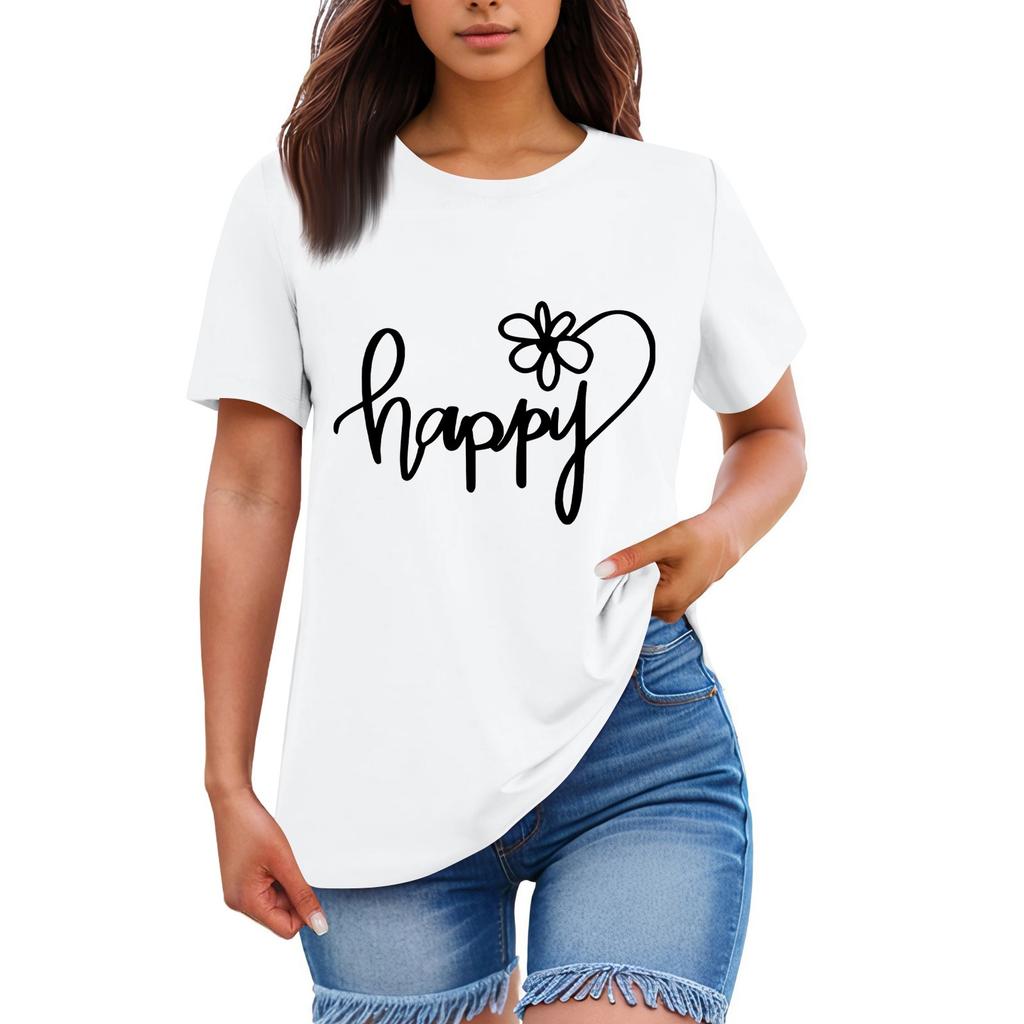 Ladies' Loose Comfortable Casual Fashionable “Happy”Character Printed Round Neck Short Sleeved Shirt
