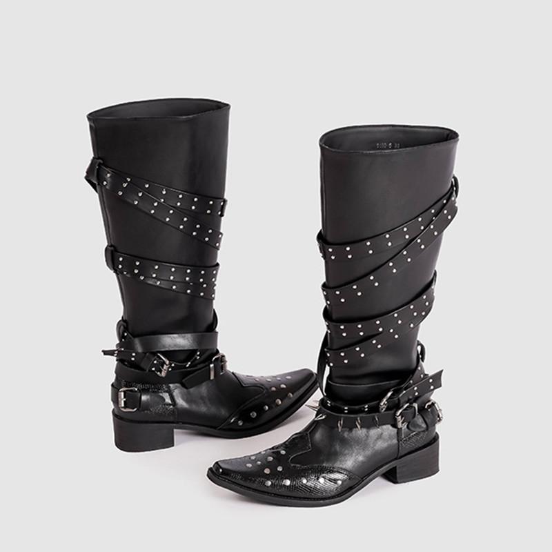 Fashion Vintage Leather Rivet Spike Belt Buckle Women Motorcycle Boots Fashion Autumn Winter High heels Punk Cowboy Knight Boots Shoes