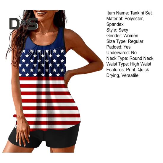 2 Teile/satz Frauen Tankini Set Amerikanischen Unabhängigkeit Tag Druck Weste Einfarbig Schwimmen Shorts Set Bademode