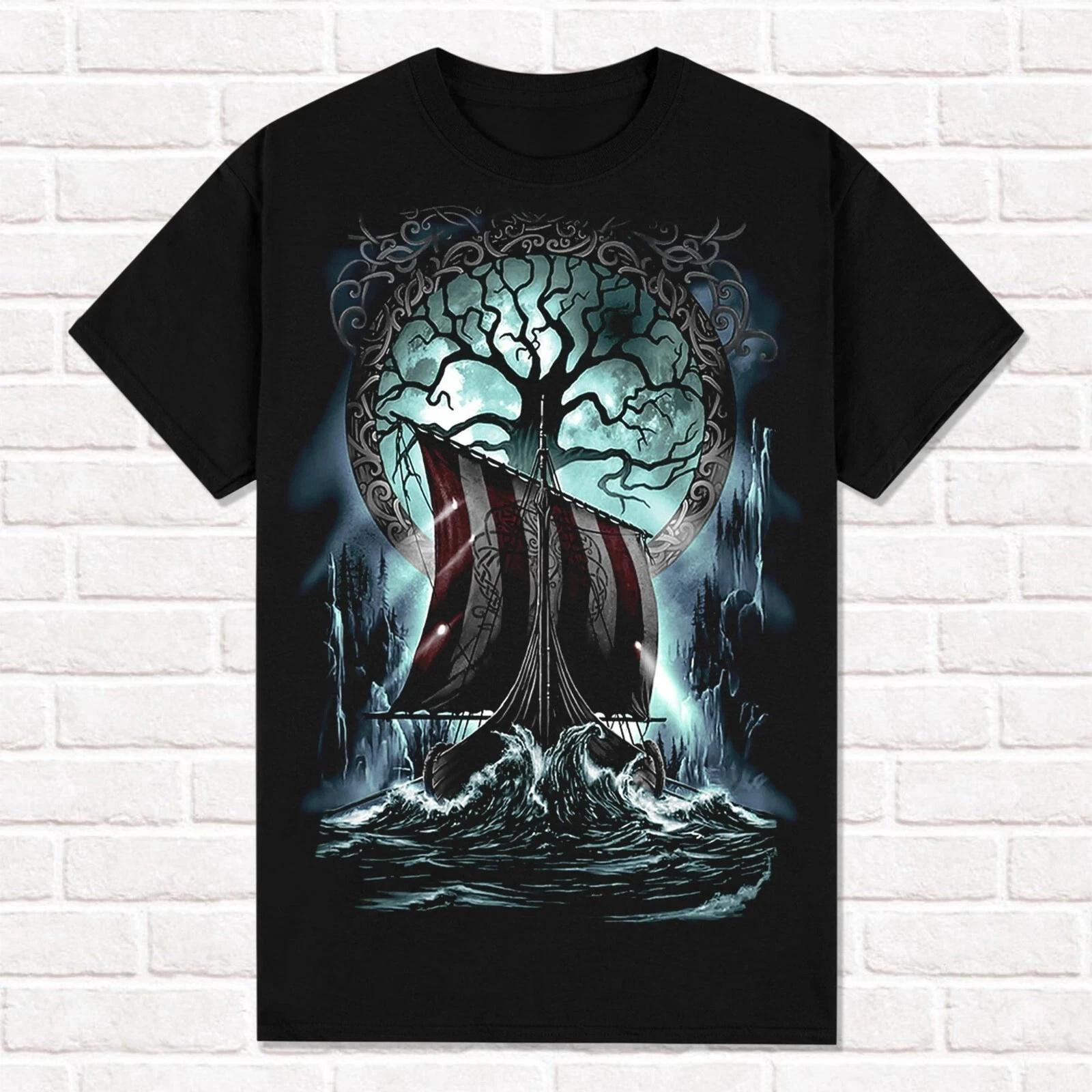 

Black T-Shirt Yggdrasil Drakkar Vegvisir Runic Compass Viking Style S