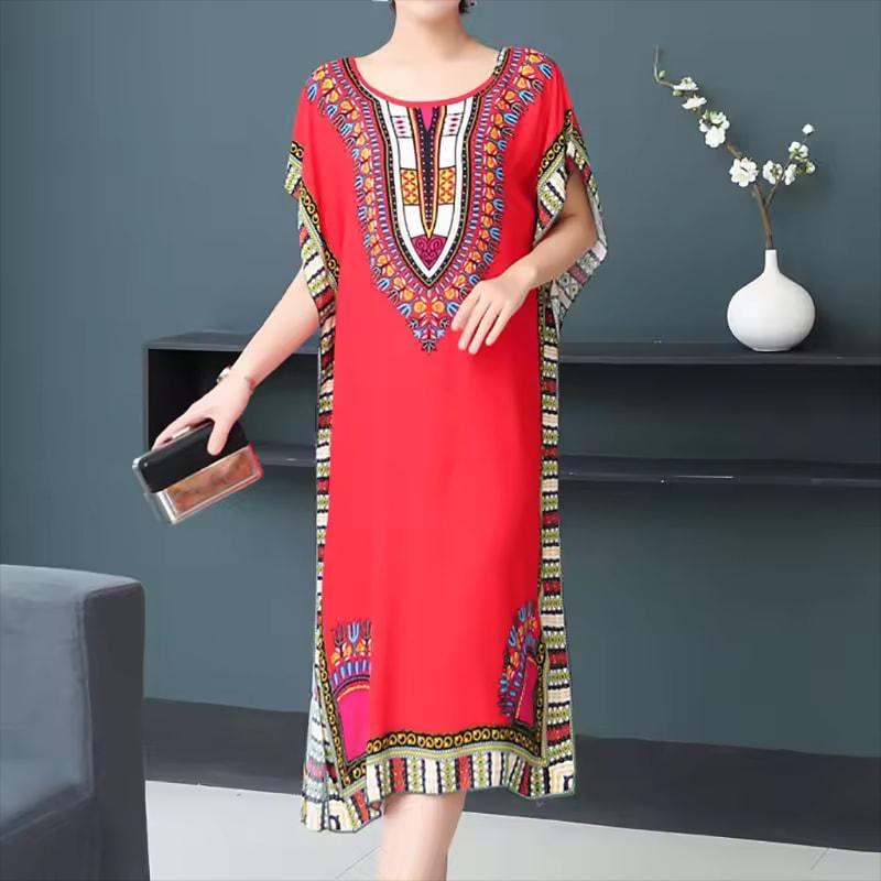 Casual Elegant Bohemian Printed Ethnic Style Retro Floral Woman Summer Street Wear Batwing Sleeve Loose Tunic Maternity Dress