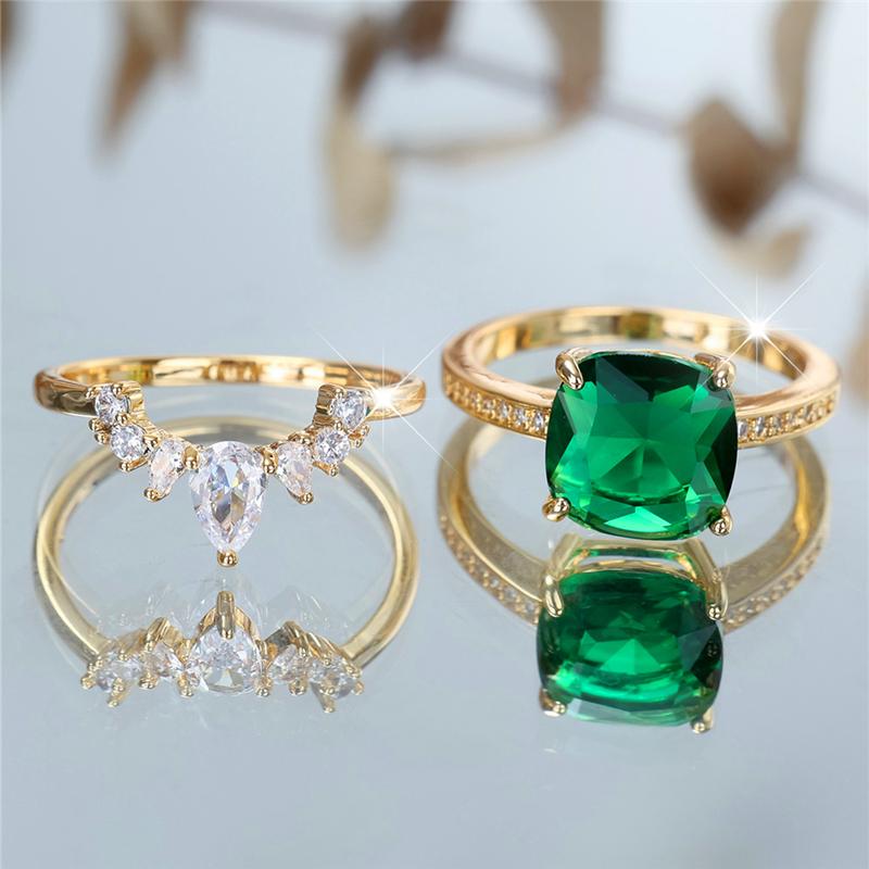 Luxury Square Green Zircon Ring Set for Women Gold Color Party Rings Engagement Wedding Jewelry