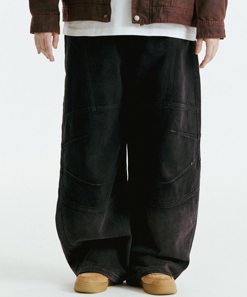 DOUBLE JD Dirty Wash Double Pleated Curved Denim Pants (Black)