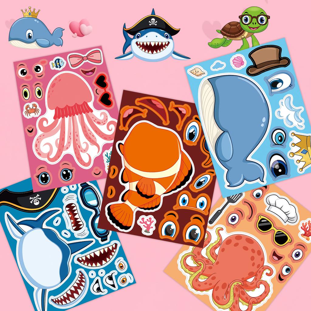 Non-Toxic 8Sheets Diy Ocean Animal Puzzle Stickers Set For Kids Creative Jigsaw Stickers Octopus Shark Crab Designs Children'S Toy Gift