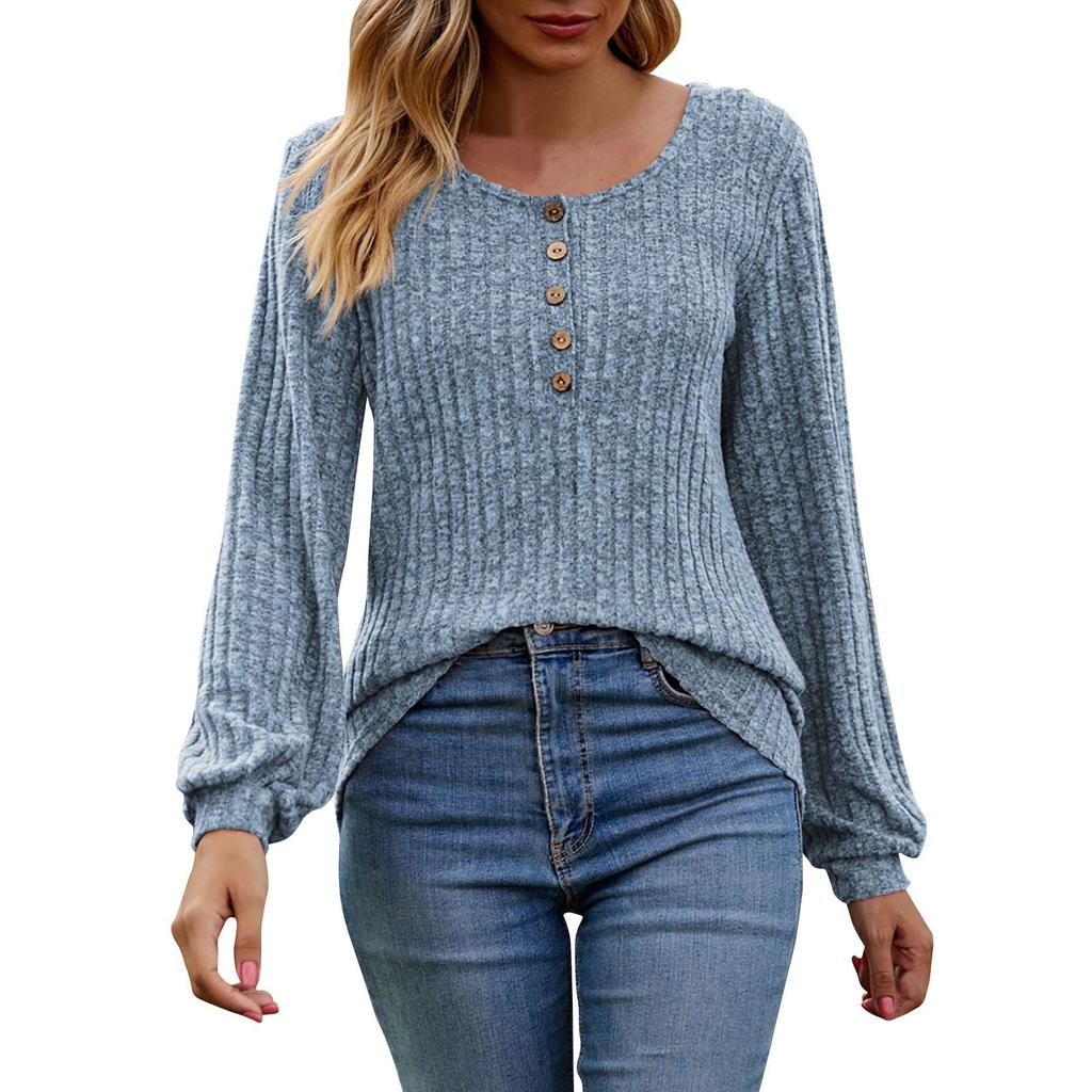 Women'S Round Neck Casual Fashion Solid Color Button Long Sleeved T-Shirt Top Top Blusa Elegante Feminina