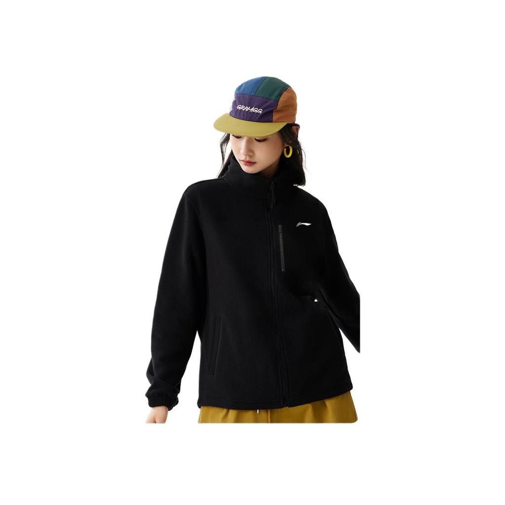 Li-Ning Comfortable Casual Minimalist Stand Collar Zipper Fleece Jacket Women Jackets Black AENUL001-1