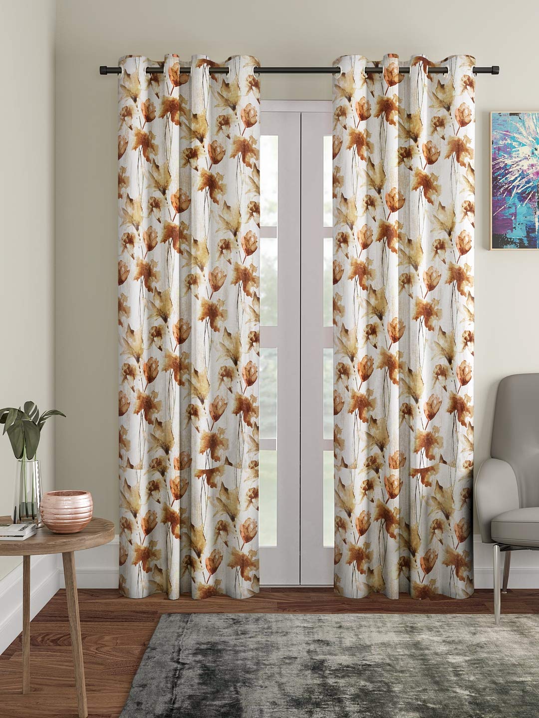 

Home Sizzler 2 Pieces Abstract Flower Eyelet Polyester Semi- Transparent Door Curtains, Brown Window - 9 feet коричневий
