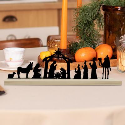 Presépio de Metal Decoração de Natal Silhueta Display de Mesa com Base de Madeira para Decoração de Sala de Estar