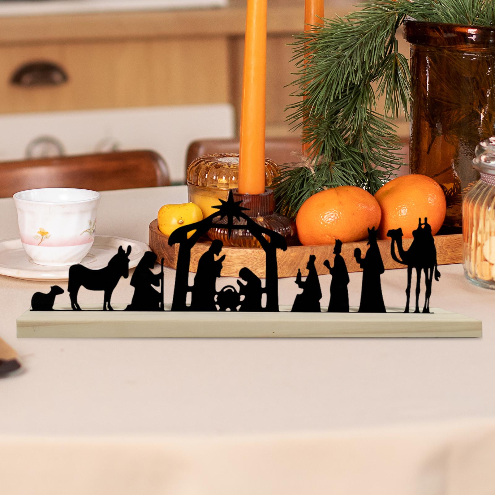 Metal Nativity Set Christmas Decoration Silhouette Table Display with Wood Base for Living Room Decor