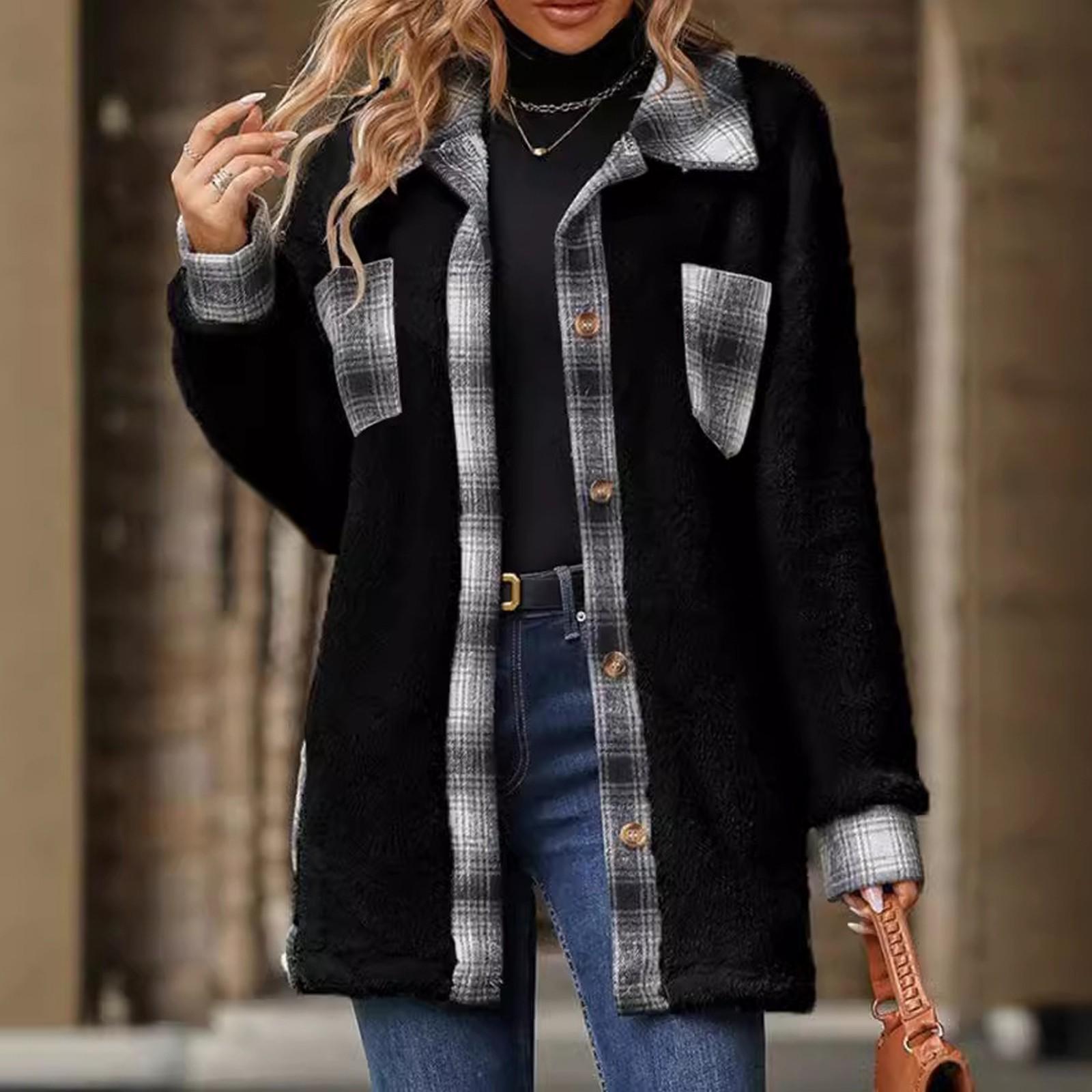 

Женская повседневная клетчатая плюшевая куртка с длинными рукавами и карманами на лацканах XXL чёрный