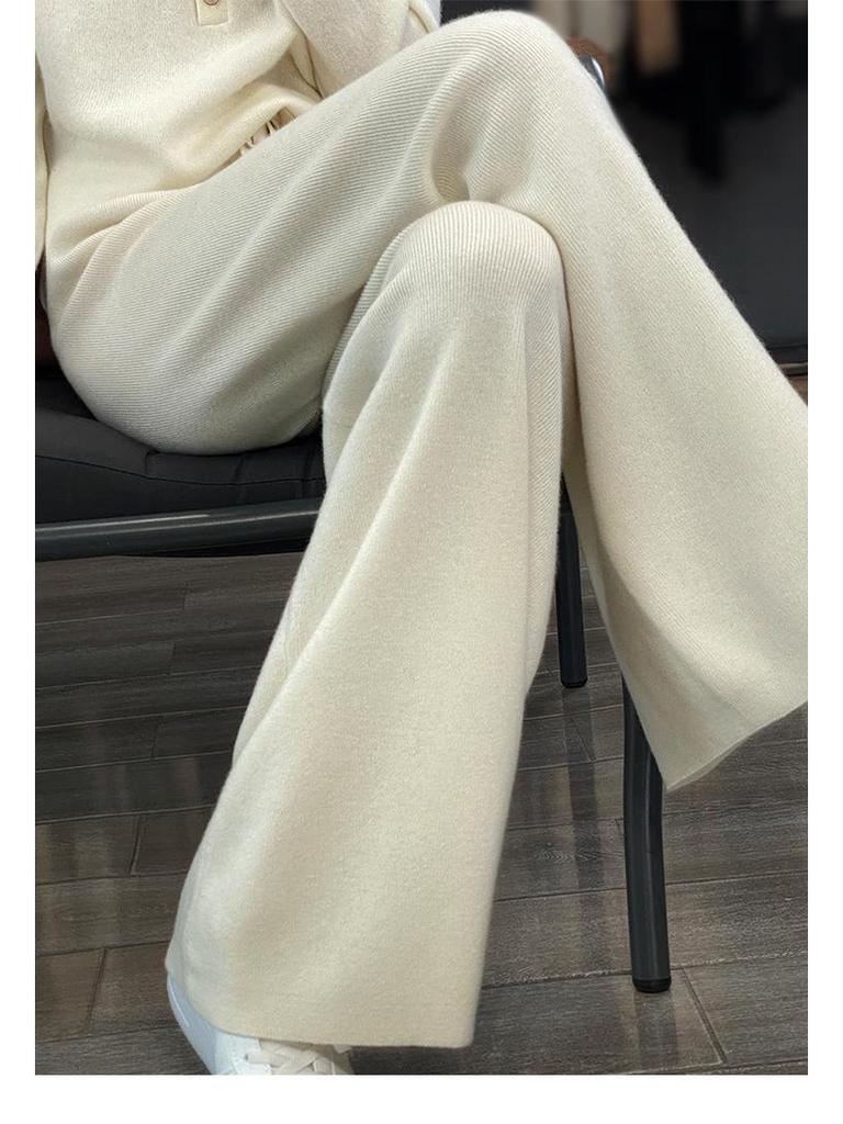 Women's 100% Pure Wool Wide Leg Knitted Pants - High Waist, Thickened, Casual, Long, Autumn/Winter Wear, Cashmere, Straight Leg.